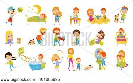 Kids Day With Little Boy And Girl Playing Toys, Walking, Waking Up, Eating Breakfast And Bathing Vec