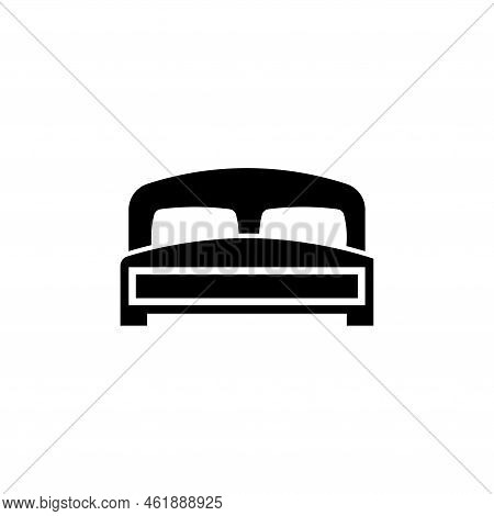 Double Bed With Two Pillows, Bedding. Flat Vector Icon Illustration. Simple Black Symbol On White Ba