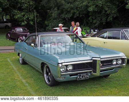 Hebden Bridge, West, Yorkshire, United Kingdom - 7 August 2022: Front View Of A Blue 1968 Pontiac Ca