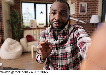 Person Using Online Videoconference Call, Chatting On Teleconference Connection With Webcam. Talking
