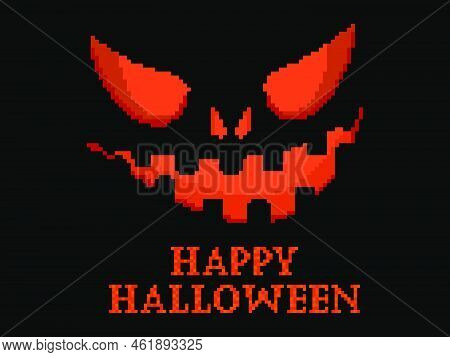 Happy Halloween Scary Pumpkin Face Pixel Art Style. Evil Scary Eyes Carved In A Pumpkin. Retro 8-bit