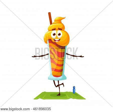 Cartoon Dessert Character On Yoga Fitness. Happy Smiling Milkshake Vector Character, Comical Fast Fo