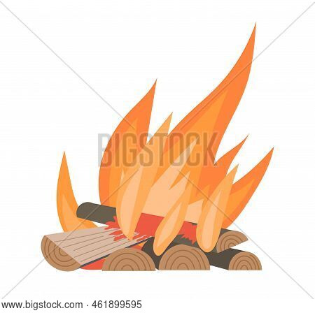 Camping Hot Bonfire. Sticker With Burning Firewood And Bright Flames. Travel, Hike Or Outdoor Recrea