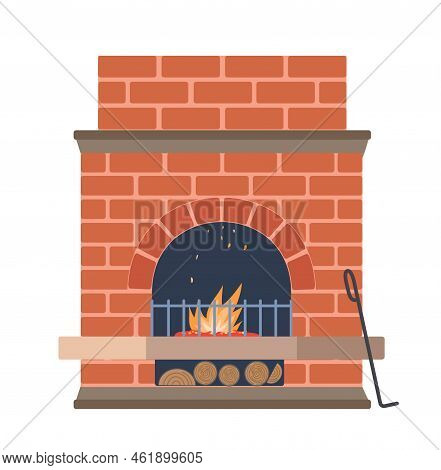 Fireplace And Hearth Design. Sticker With Beautiful Modern Red Stone Fireplace, Firewood, Steel Grat