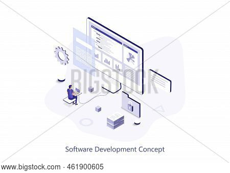 Software Development Isometric Web Concept. People Program In Different Languages, Working With Code