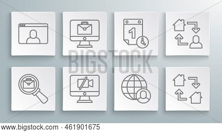 Set Line Magnifying Glass With Briefcase, Online Working, Video Camera Off On Computer, Freelancer, 