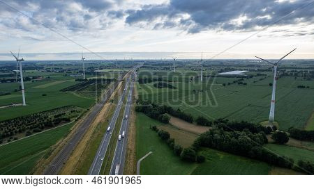 Brecht, Belgium, 6th Of July, 2022, Panoramic Aerial Drone View Of Wind Farm Or Wind Park, With High