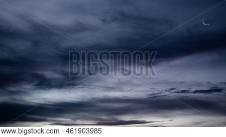 Crescent Moon And Star On Dark Black Background,new Year Muharram Asia Religious Muslim,ramadan Kare