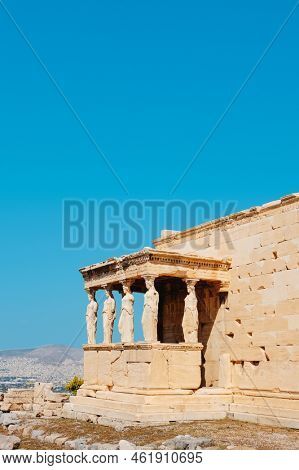 a detail of the famous Porch of the Maidens, in the Erechtheion or Temple of Athena Polias, in the Acropolis of Athens, Greece