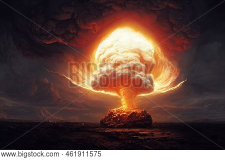 An Explosion In A Towns Skyline Produces A Nuclear Fire Mushroom Cloud In An Apocalyptic War. Nuclea