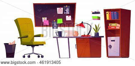Police Department Or Private Detective Agency Office Set, Desk And Board With Evidences. Vector Cart
