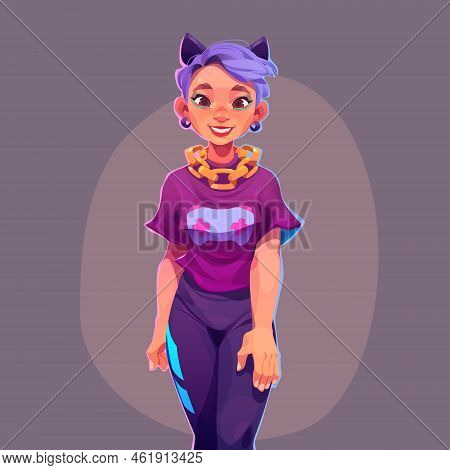 Girl Teenager, Cartoon Young Woman With Violet Hair Wear Trendy T-shirt With Gamepad Print, Gold Cha