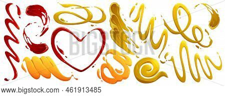 Stains And Splashes Of Mayonnaise, Ketchup And Mustard. Vector Cartoon Set Of Spills And Strips Of C