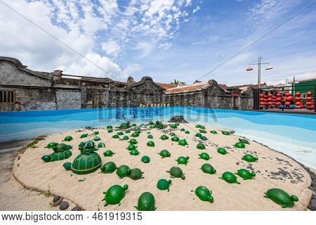 Penghu, Taiwan 21 June 2022: Sea turtle art decoration in Nanliao Ancient House of Penghu in taiwan