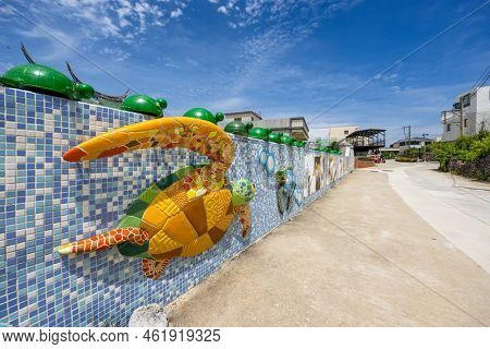 Penghu, Taiwan 21 June 2022: Sea turtle art decoration in Nanliao Ancient House of Penghu in taiwan
