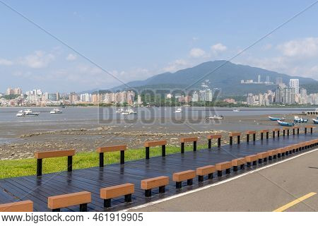 New taipei, Taiwan 08 September 2022: Low tide of the tamshui river in Taiwan Bail