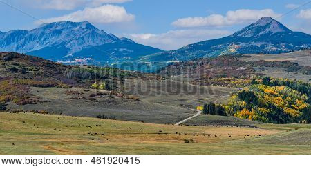 Pasture And Mountain Peaks Near Wilson Mesa, Colorado. Autumn Scenery In The Beautiful San Juan  Mou