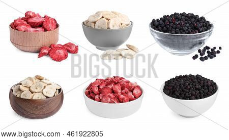 Set With Different Freeze Dried Berries And Bananas On White Background