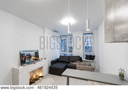 Modern Studio Flat With Small Kitchen, Sofa.