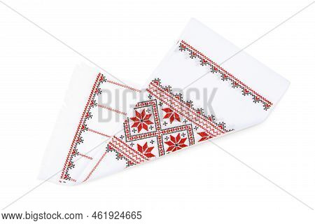 Beautiful Rushnyk On White Background, Top View. Ukrainian National Embroidery