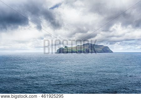 Beautiful Island In The Sea. Dramatic Storm Clouds In The Sky. Seascape. Faroe Islands. Denmark. Tra