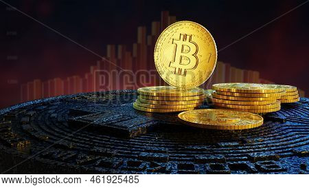 3d Illustration Of Conceptual Cryptocurrency Coins With Stats In Background.