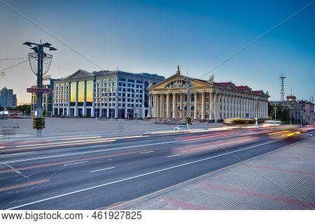 Belarus Travel Destinations.  View Of October Square With Palace Of The Republic Palatial Government
