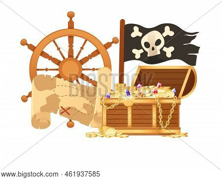 Illustration Of Pirate Theme With Treasure Map Hat And Wooden Chest Vector Illustration Isolated On 