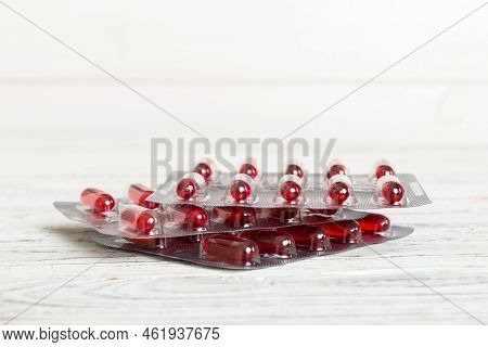 Too Many Different Pill Cartridges Stacked. Selective Focus. Packs Of Blister Pills With Tablets. Co