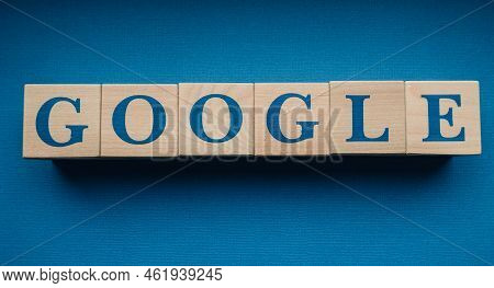 January 31, 2022. Mountain View, California. The Name Of The Google Company, Laid Out From Wooden Cu