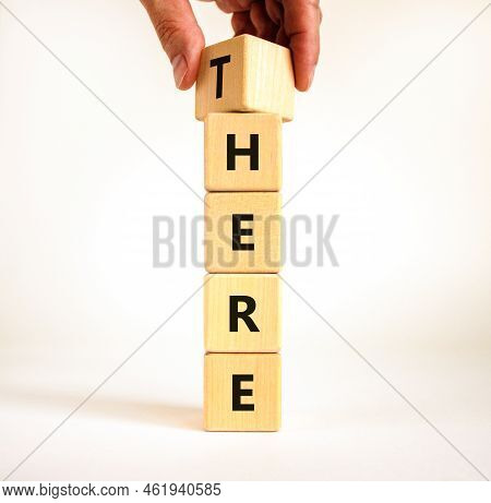 There Or Here Symbol. Businessman Turns A Wooden Cube, Changes The Word 'there' To 'here'. Beautiful