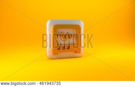 Gold Seismograph Icon Isolated On Yellow Background. Earthquake Analog Seismograph. Silver Square Bu