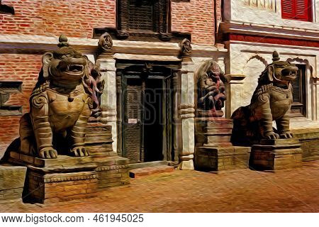 Doorway With Statues Representing Mythological Beasts In A Townhouse Facade Of Katmandu. The Exotic 