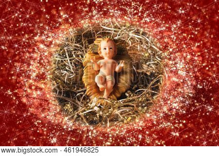 Nativity Scene. Baby Jesus Figure Isolated. Traditional Christmas Scene.