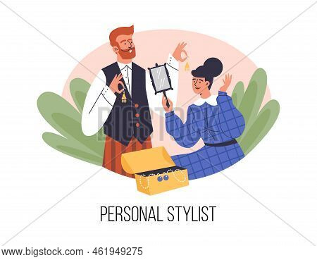 Stylist Picks Up Jewelry For Client To Outfit, Flat Vector Illustration Isolated.