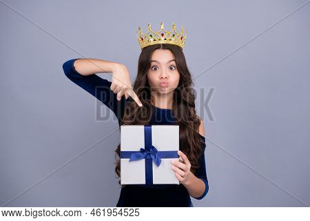 Teenager Kid Princess In Crown With Present Box. Teen Girl Giving Birthday Gift. Present, Greeting A