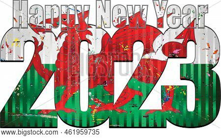 Happy New Year 2023 With Wales Flag Inside - Illustration,
2023 Happy New Year Numerals, 
2023 Wales