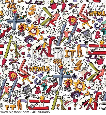 Team It-specialists Working With Code People And Sybmboll Seamless Pattern