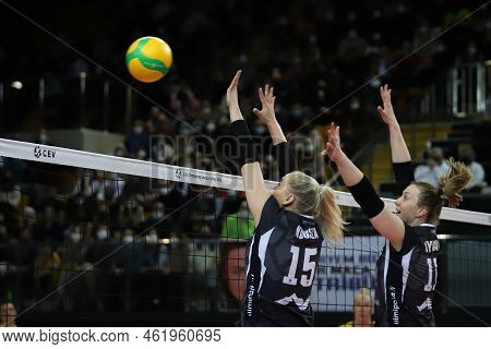 Istanbul, Turkey - January 20, 2022: Linnea Kuusela And Kaisa Nyman In Action During Vakifbank Vs Lp