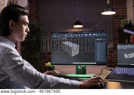 Cad Engineer Developing Engine Mechanism And Industrial Product, Manufacturing Technical Component W