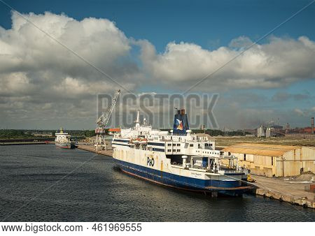 Europe, France, Dunkerque - July 9, 2022: Port Scenery. Closeup, Blue-white P&o  Pride Of Burgundy P