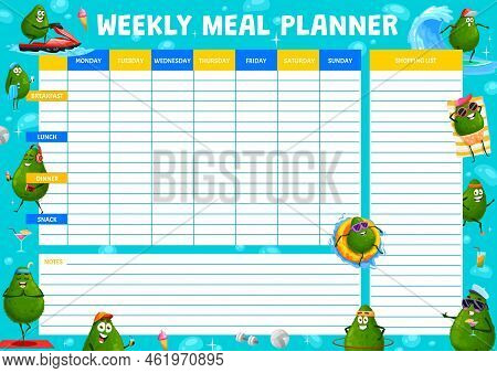 Weekly Meal Planner With Cartoon Avocado Characters On Summer Vacation. Vector Food Plan For Week. C