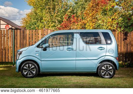 Novosibirsk, Russia - September 16 , 2022: Blue Suzuli Wagon R  Is Parked  On The Street On A Warm A