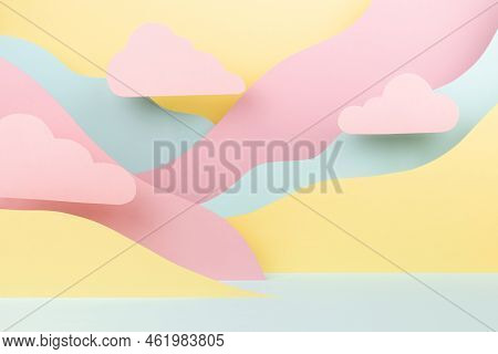 Cute Abstract Stage Mockup - Paper Landscape With Pastel Pink Clouds, Mountains Pink, Yellow, Mint C