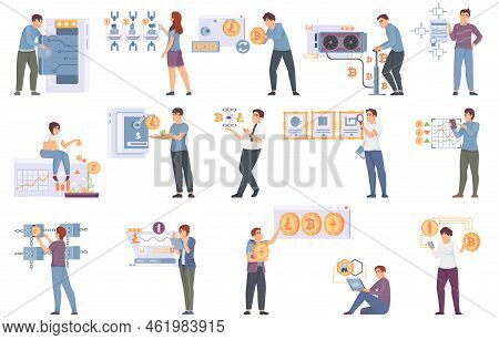 Crypto Platform Icons Set With Mining Symbols Flat Isolated Vector Illustration