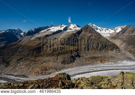 Landscape Of Glacier, Mountain And Sky. Aletsch Glacier In Swiss Alps. Bettmeralp, Valais Canton, Sw