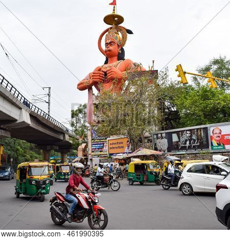 New Delhi, India - June 21, 2022 - Big Statue Of Lord Hanuman Near The Delhi Metro Bridge Situated N