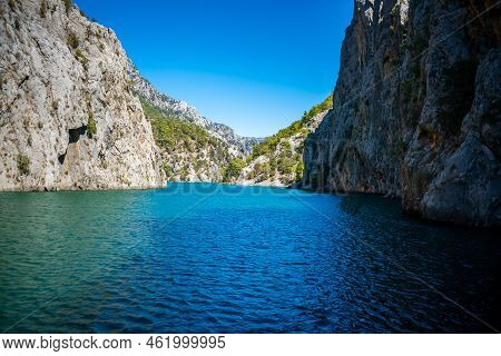 Mountain Lake. Emerald Water Reservoir Behind The Dam Oymapinar. Green Canyon In Manavgat Region, Tu