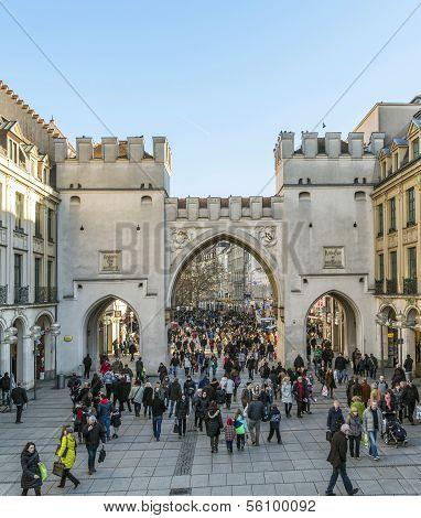People Pass The Karlstor At Stachus