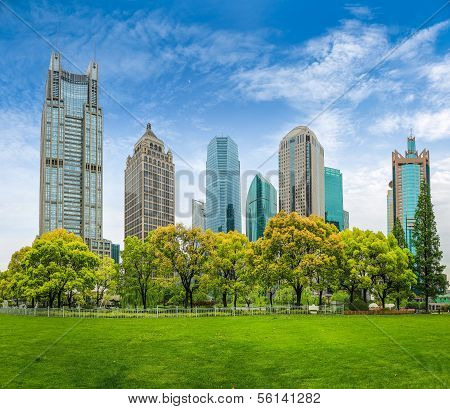 City Park Greenbelt With Modern Building